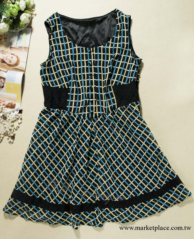 2013夏裝新款  日本原單格子雪紡女士連衣裙繡花背帶裙工廠,批發,進口,代購