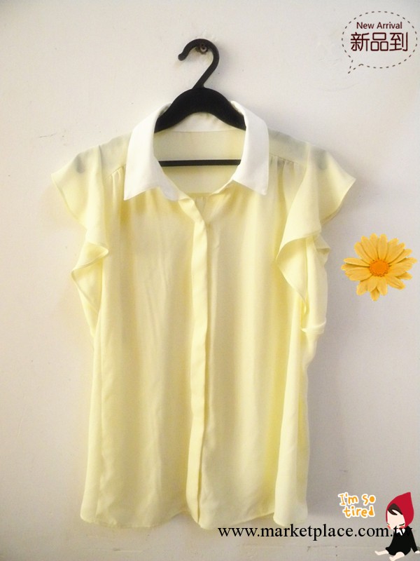 2013夏季 日本原單 日單 荷葉袖 女式無袖拼接領襯衫 一件代發工廠,批發,進口,代購