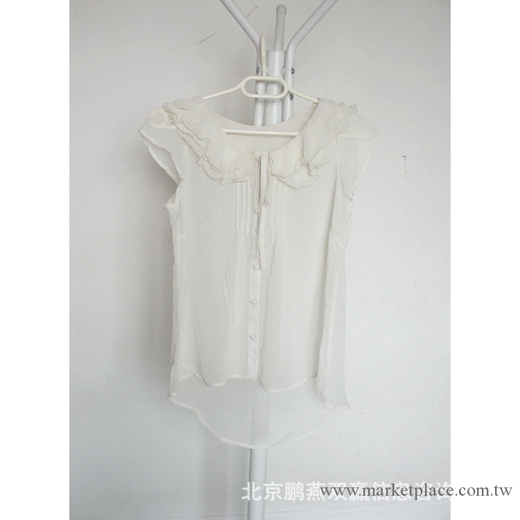 隻2件 2013春夏日本原單新款三層荷葉領系帶包扣飛袖雪紡衫 奶白工廠,批發,進口,代購