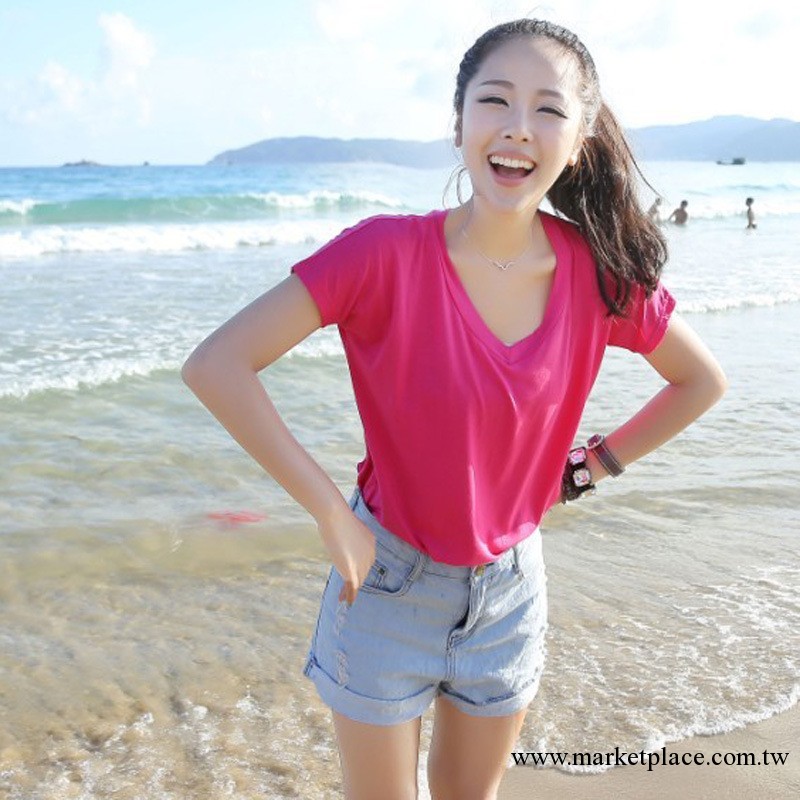 2013出口韓國原單 莫代爾純棉彩色糖果色V領純色短袖T恤 批發Y55工廠,批發,進口,代購