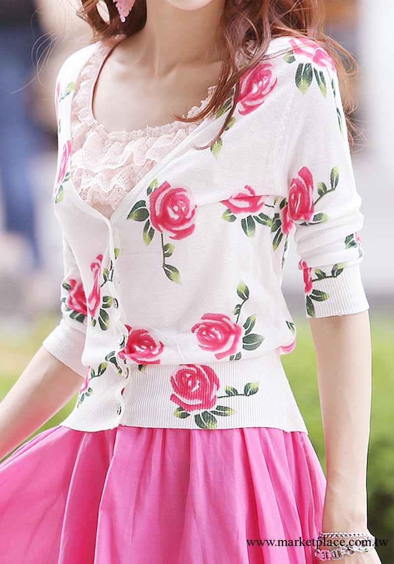 韓國原單新款 百搭復古修身顯瘦玫瑰花針織衫 空調衫 小外套工廠,批發,進口,代購