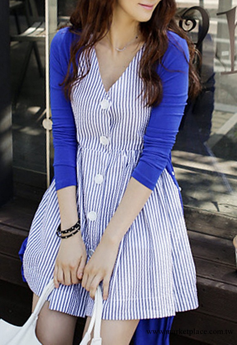 2013夏裝新款條紋圓領紐扣兩穿修身高腰連衣裙 背心裙 韓國原單工廠,批發,進口,代購
