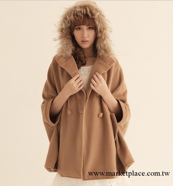 外貿品牌大衣日韓女裝原單服飾 H1-044 韓國毛領鬥篷毛呢大衣工廠,批發,進口,代購