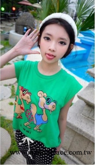 韓國原單 沙漠駱駝無袖圓領動物綠色t恤 品牌服飾加盟代理工廠,批發,進口,代購