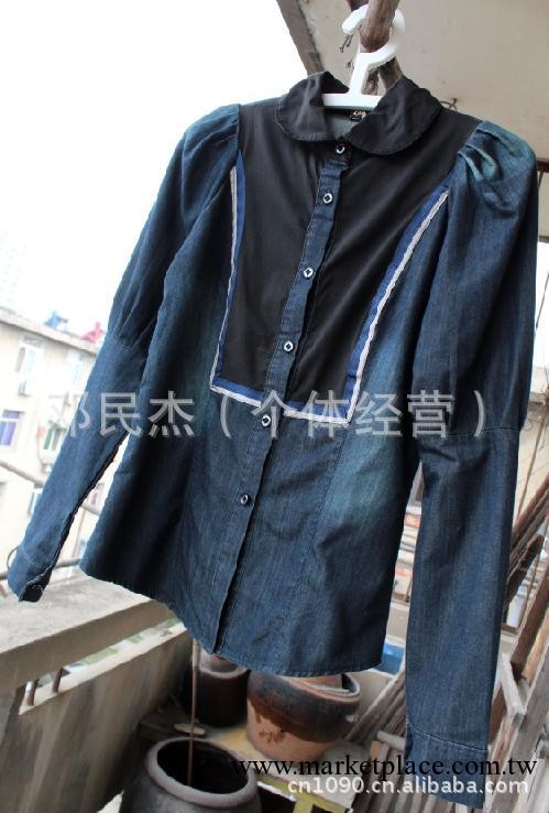外貿出口韓國原單東大門圓領翻領純棉拼接泡泡袖牛仔襯衫襯衣工廠,批發,進口,代購