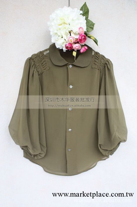 韓國原單 娃娃領 中袖泡泡袖 女 夏季 襯衫 雪紡衫工廠,批發,進口,代購