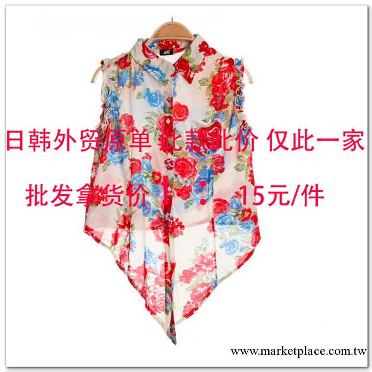 韓版原單女士翻領無袖碎花襯衫批發韓國出口熱賣女裝工廠,批發,進口,代購