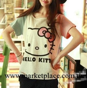 2013夏季新款女裝 hello kitty貓咪圖案不對稱袖子純棉短袖T恤 女工廠,批發,進口,代購