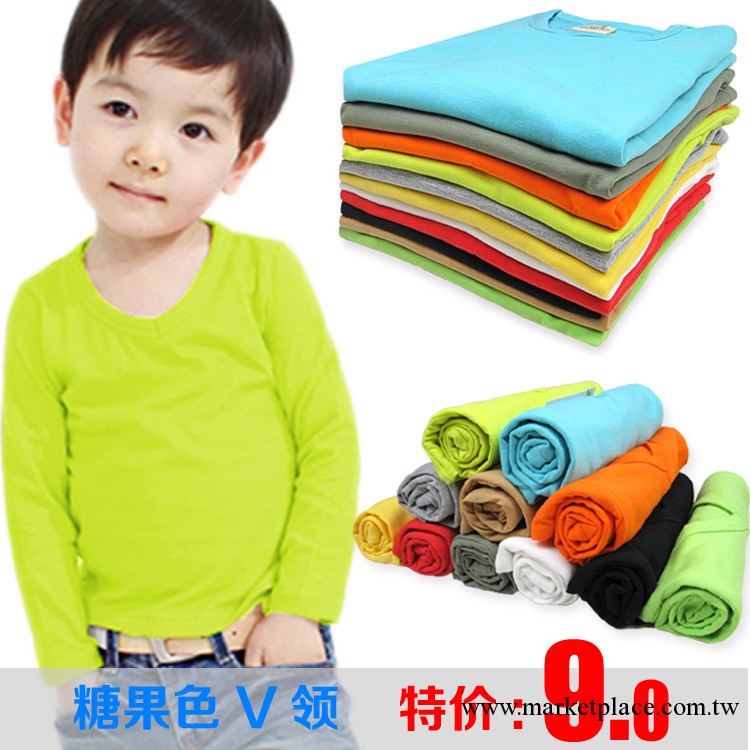 廣東童裝 特價秋冬款新品 糖果色V領兒童長袖打底衫t恤工廠,批發,進口,代購