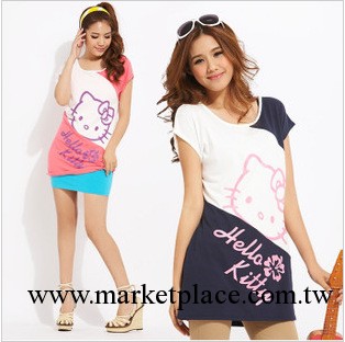 韓版夏季新款t恤Hello Kitty印花拼接圓領短袖T恤女 6009工廠,批發,進口,代購
