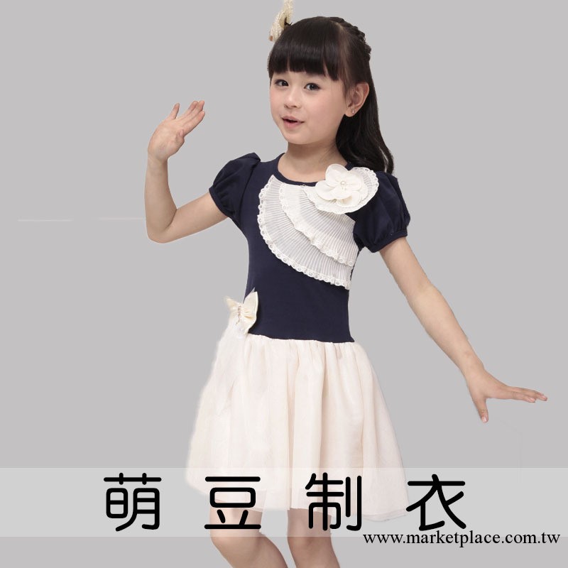 2013新款韓版童裝 夏季女童裙 短袖拼色花朵連衣裙工廠,批發,進口,代購