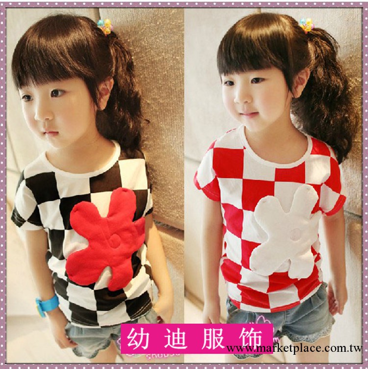 2013夏季女童裝新款 韓版格子大花朵蝙蝠圓領短袖t恤 中小童批發工廠,批發,進口,代購