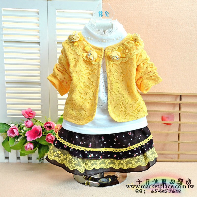 2013女童春秋裝熱賣 韓版時尚童裝女童裙套裝三件套 蕾絲花朵外套工廠,批發,進口,代購