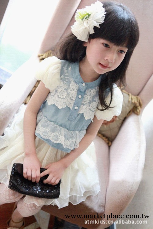 2013新款韓版童裝 夏季女童裙 短袖連衣裙韓國蕾絲牛仔拼接公主裙工廠,批發,進口,代購