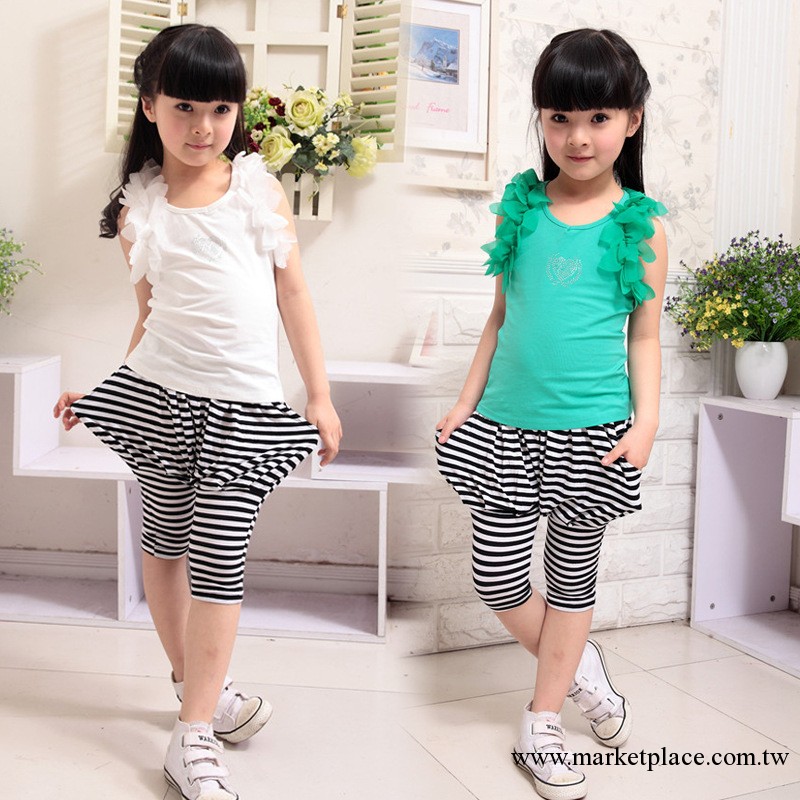 爆款2013新款夏裝純棉短袖兩件套條紋哈倫褲中大女童套裝童裝批發工廠,批發,進口,代購
