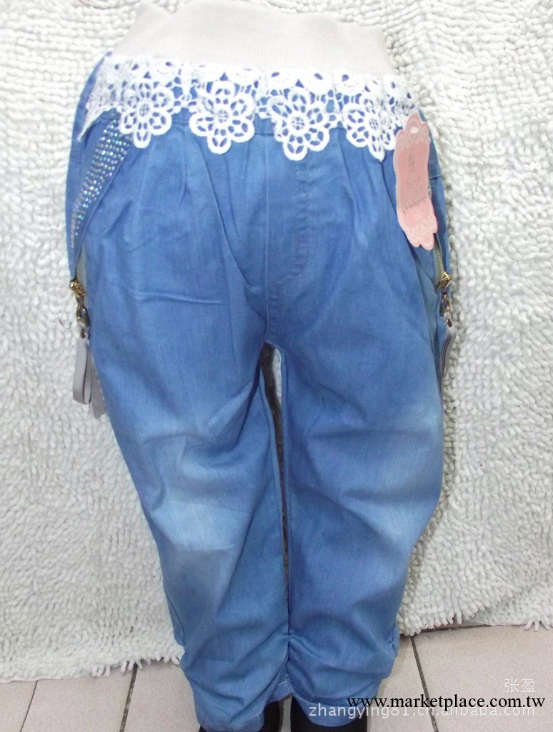 童裝童褲|夏季童褲批發|2013夏裝熱銷女童蕾絲壓鉆牛仔中褲工廠,批發,進口,代購