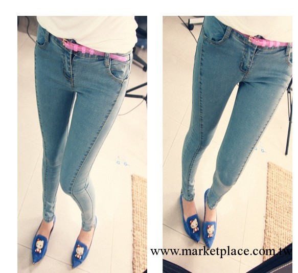 韓國原單水洗磨白淺色修身豎條分割腳口開叉牛仔小腳鉛筆褲工廠,批發,進口,代購