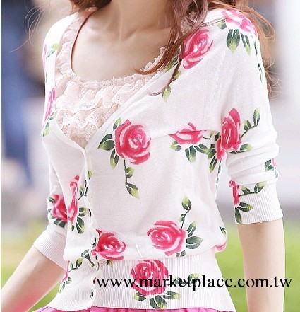韓國原單新款 百搭復古修身毛織開衫 顯瘦玫瑰花針織衫 空調衫工廠,批發,進口,代購