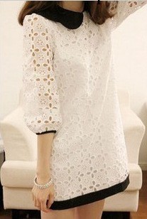 全棉鏤空蕾絲裙韓國代購娃娃領白色蕾絲連衣裙女裝外貿出口原單工廠,批發,進口,代購