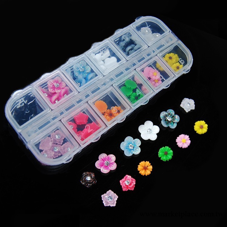 批發DIY美甲飾品 帶鉆樹脂花 12格盒裝 60顆工廠,批發,進口,代購