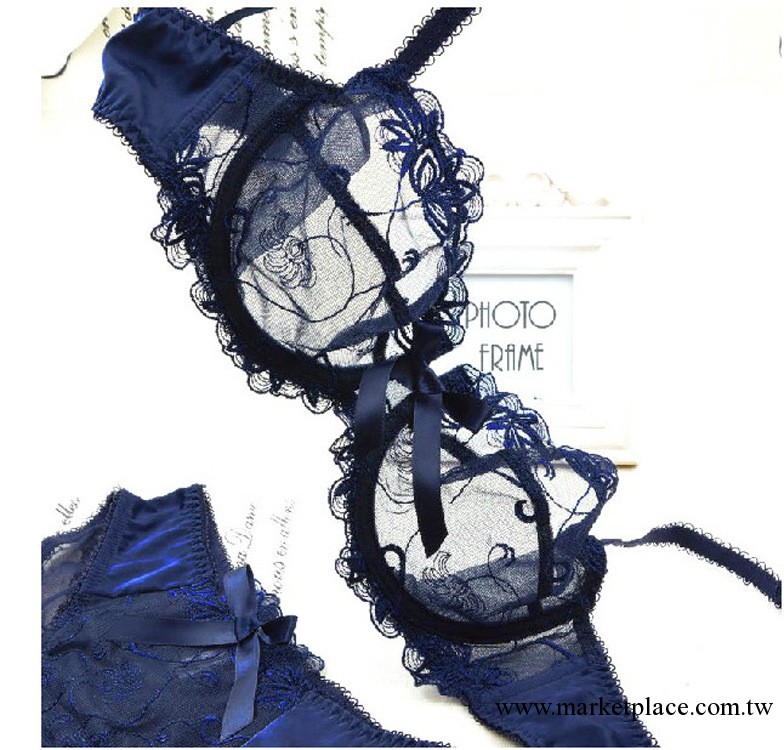 外貿尾貨批發爆款外貿內衣套裝法國名品超薄寶藍文胸套裝蕾絲套裝工廠,批發,進口,代購