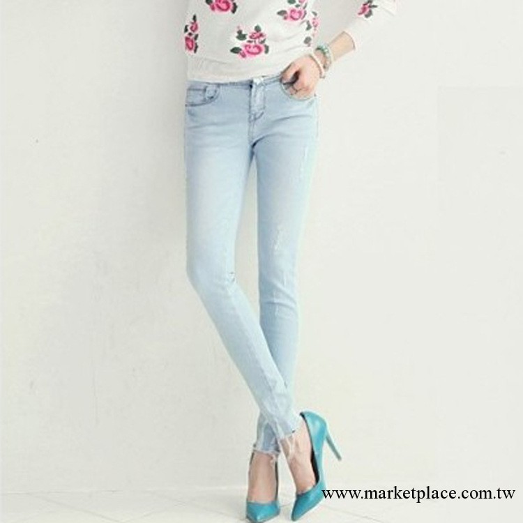 13夏季新款韓版女裝 復古淺色流蘇邊低腰修身顯瘦牛仔鉛筆褲E601工廠,批發,進口,代購