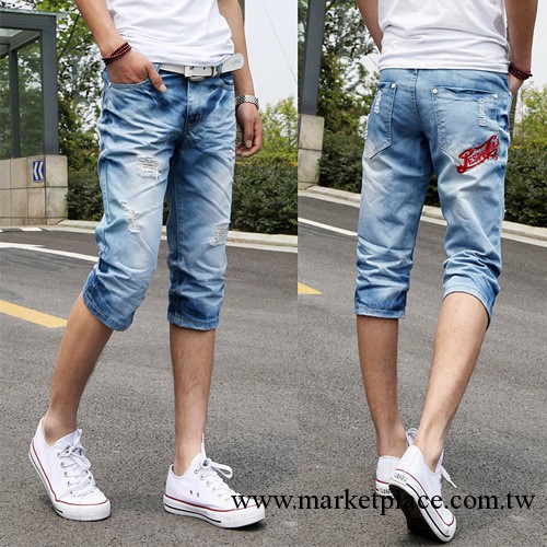 2013夏季新款男士牛仔短褲七分褲 馬褲刺繡淺色破洞壓皺一件代發工廠,批發,進口,代購