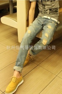 批發代理 潮流時尚百搭破洞 水洗淺藍色 牛仔褲男士工廠,批發,進口,代購