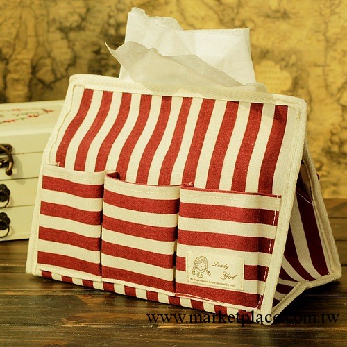 日本原單 棉麻收納 抽紙紙巾盒 6兜多功能收納盒 紅白條紋girl工廠,批發,進口,代購