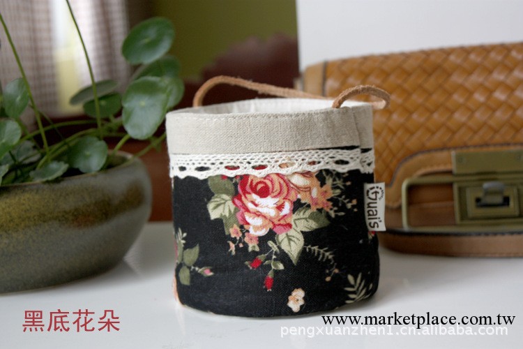 zakka棉麻-小提手-桌面迷你收納桶【黑底花朵】工廠,批發,進口,代購