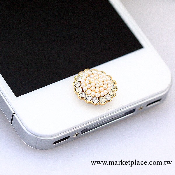 C24 圓形鉆中間珍珠款 米白色超閃按鍵貼 iPhone home 批發工廠,批發,進口,代購
