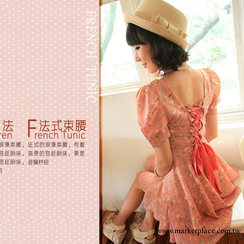 2013夏裝蝴蝶結泡泡袖甜美韓版女裝拼接女雪紡碎花連衣裙工廠,批發,進口,代購