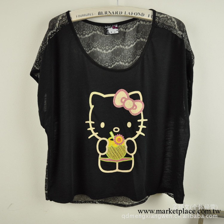 歐美單出口女裝 HELLO KITTY專櫃女裝黑色蝙蝠袖口寬松百搭 精致工廠,批發,進口,代購
