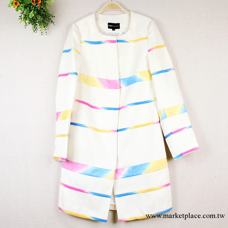 ky6375 彩色條紋韓版白色羊絨女式大衣外套外貿原單服裝 專櫃正品工廠,批發,進口,代購