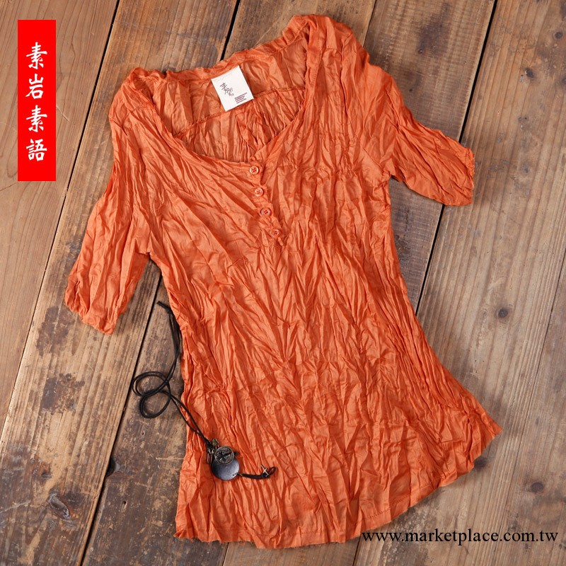 森女系 夏季小清新皺褶胸前四粒扣圓領棉麻短袖女式毛邊襯衫原單工廠,批發,進口,代購