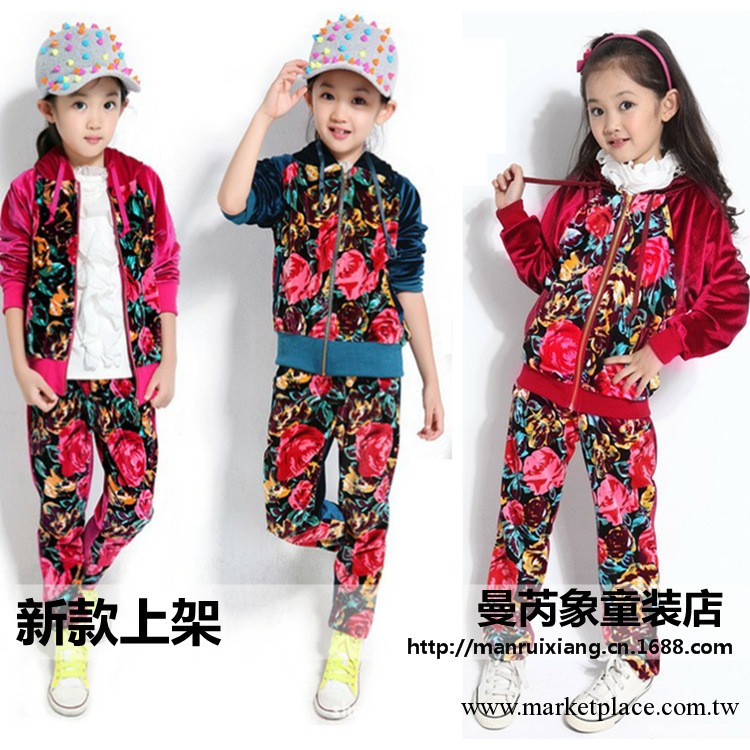 2013新款童裝 秋款女童天鵝絨花朵套裝 新款兒童韓版休閑童套裝工廠,批發,進口,代購