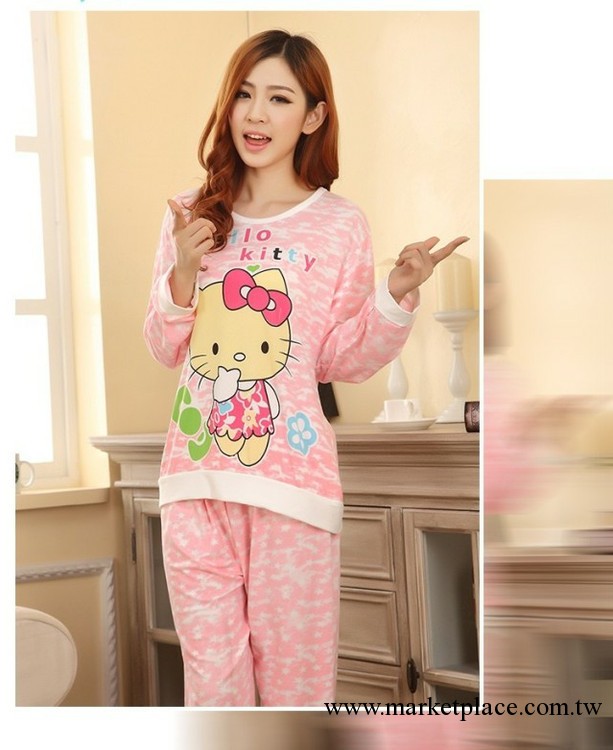 春秋季女士牛奶絲棉長袖睡衣 hello kitty套頭圓領休閑傢居服套裝工廠,批發,進口,代購