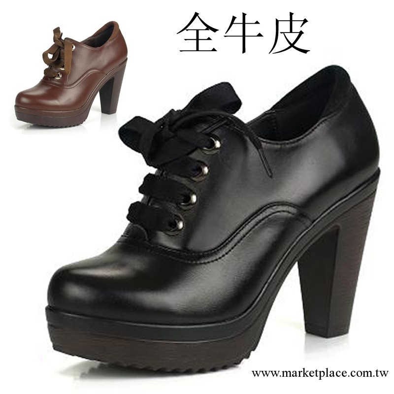 2013新款女單鞋頭層牛皮真皮女鞋高跟粗跟防水臺全皮系帶深口鞋子工廠,批發,進口,代購