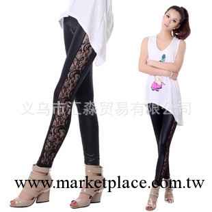 2012新款 仿皮側面拼蕾絲九分褲 打底褲 顯瘦身小腳褲  廠傢批發工廠,批發,進口,代購