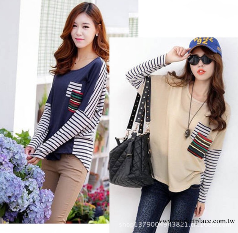 韓國2013秋裝新款女裝韓版拼接條紋寬松長袖T恤工廠,批發,進口,代購