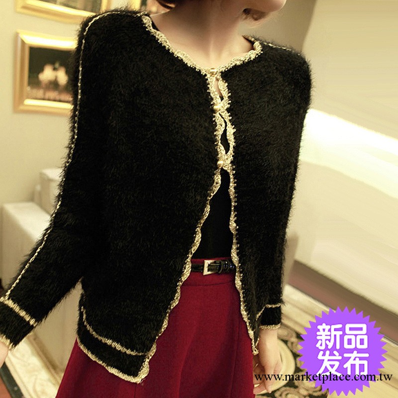 2013秋裝新款 韓版金邊馬海毛針織衫小開衫甜美女毛衣外套工廠,批發,進口,代購