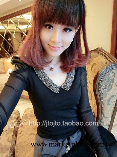 2013秋裝新款女裝批發韓版長袖釘珠V領紗袖打底t恤 9908工廠,批發,進口,代購