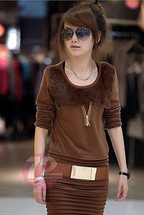 批發2013秋冬新款日本原單新款加絨加厚兔毛長袖打底連衣裙子女工廠,批發,進口,代購