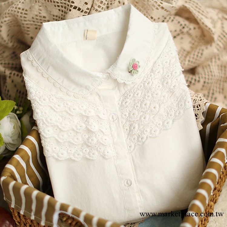 2013秋季女裝日系森女風棉質白色刺繡花邊領長袖襯衫襯衣工廠,批發,進口,代購