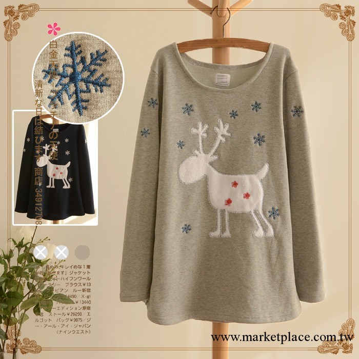 日系森女系刺繡小雪花貼佈小鹿加絨衛衣 2013女裝秋冬裝新品11269工廠,批發,進口,代購