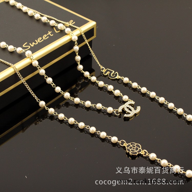NE005 日韓cc項鏈 小香項鏈 雙c滿鉆毛衣鏈 多層珍珠毛衣鏈批發工廠,批發,進口,代購