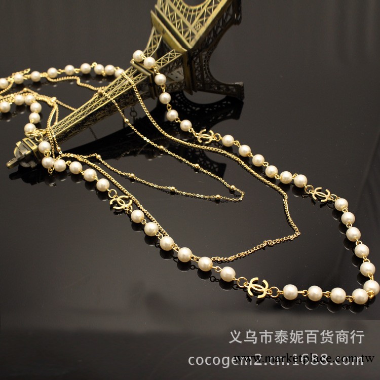 NE003 日韓新款毛衣鏈 歐美女長款小香項鏈 雙C多層珍珠毛衣鏈工廠,批發,進口,代購