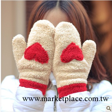 2013冬季新款 韓版可愛保暖加厚毛絨愛心連指手套女 保暖全指手套工廠,批發,進口,代購