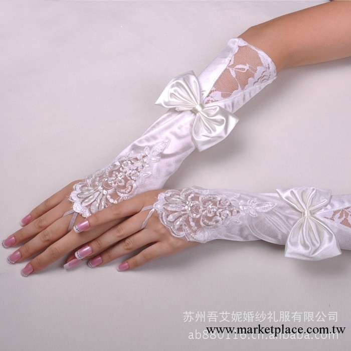 新娘婚紗手套無指緞面蕾絲繡花S21白色緞蝴蝶結手套蘇州廠傢批發工廠,批發,進口,代購
