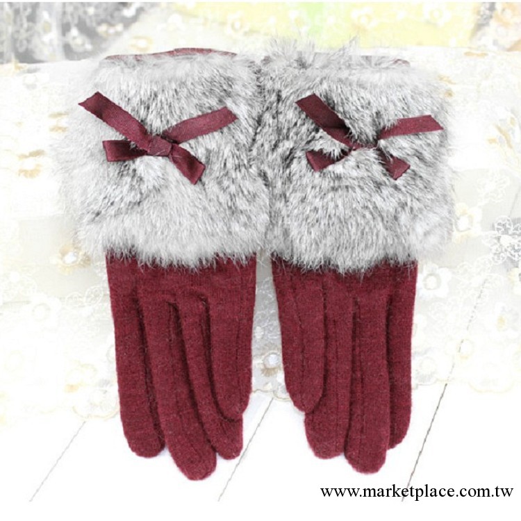 2013新款高檔真皮毛女士手套蝴蝶結羊絨保暖分指手套冬季禮物工廠,批發,進口,代購